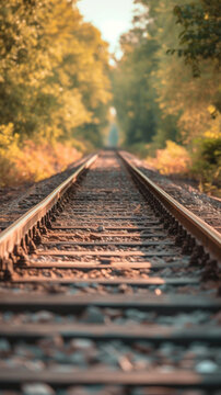 Autumn Railway Tranquility: A scenic journey through the fall forest, where parallel railroad tracks