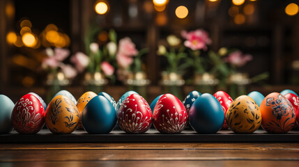The colorful hand-painted eggs on the wooden table for Easter decoration - obrazy, fototapety, plakaty