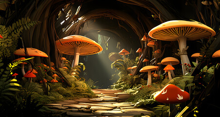 a group of red mushrooms are gathered around a path - Powered by Adobe