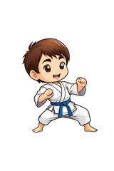 Cartoon little boy practicing karate
