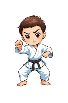 Cartoon little boy practicing karate