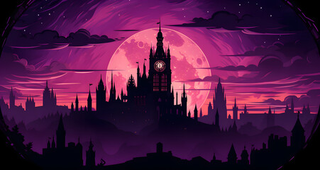 an illustration of a silhouetted city skyline in the middle of a purple full moon