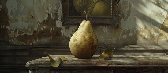 This painting depicts a ripe pear placed on a wooden table, with attention to detail in showcasing...