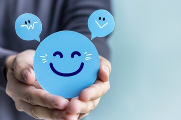 Smiling Blue Emoji Held By Person in Blur Background Signifying Positivity and Satisfaction