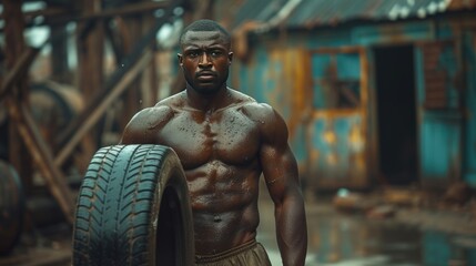 Fototapeta na wymiar african american muscular man flipping big tire