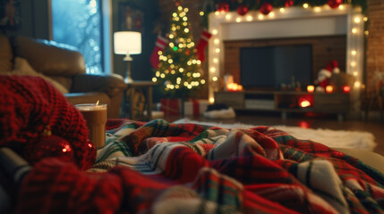A cozy living room with a family snuggled up on the couch under warm blankets watching classic Christmas movies and sipping hot cocoa.