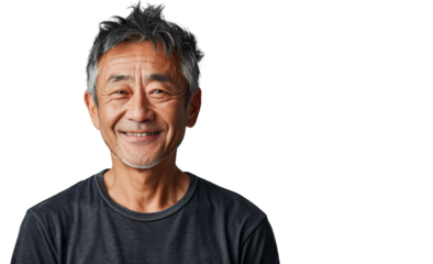 a 60 year old Chinese man that is smiling but Young, stylish, rich. in a T-shirt