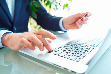 Hands using computer and credit card