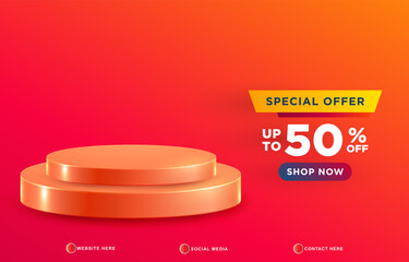 special offer sale template banner with copy space 3d podium for product sale with abstract gradient red and orange background design