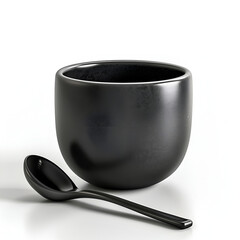 black cup of coffee with spoon on white