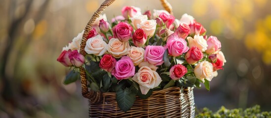 A stunning bouquet of pink and white roses captivatingly arranged in a delightful basket.