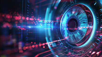 Fototapeta premium close-up of an eye with artificial intelligence in the retina. Digital eye data network and cyber security technology background.
