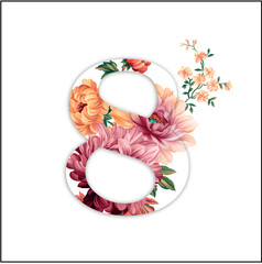 Number decorated with pink flowers on a white background