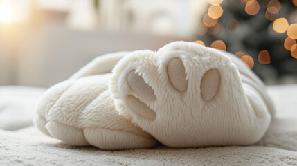 A side view of a foot warmer in the shape of a e animal paw adding a playful touch to your lounging...