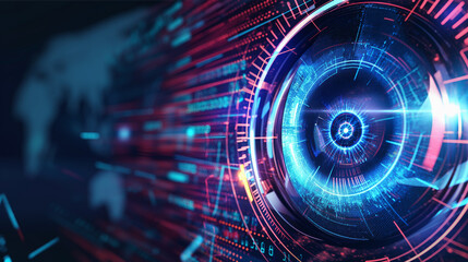 close-up of an eye with artificial intelligence in the retina. Digital eye data network and cyber security technology background.