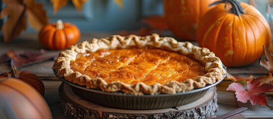 A delicious pumpkin pie is elegantly displayed on top of a rustic wooden table.