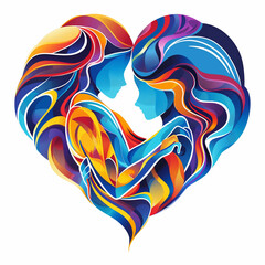 Stylized vector art, heart-shape with a hugging woman