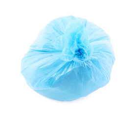 Blue plastic garbage bag isolated on white, top view