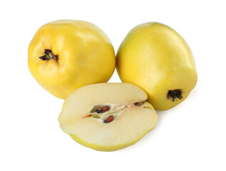 Ripe whole and cut quinces isolated on white