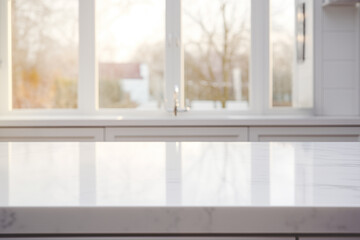 Blank White Marble Counter top in the Kitchen with open windows in the background