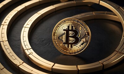 A Bitcoin coin is elegantly enclosed within interlocking golden rings, illustrating the interconnected nature of the cryptocurrency world. AI Generative