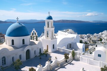 Exploring the Charming Village of Oia in Santorini, Greece White-Washed Buildings, Blue Domed Churches, Cobblestone Streets, Aegean Sea Views, Windmills, Bougainvillea, and Stunning Sunsets - obrazy, fototapety, plakaty