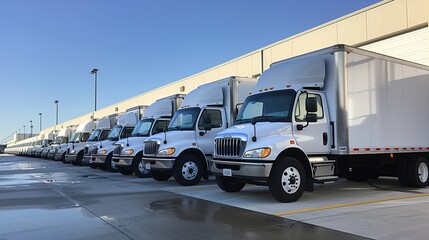 photo of a fleet of delivery trucks lined up outside the warehouse for loading