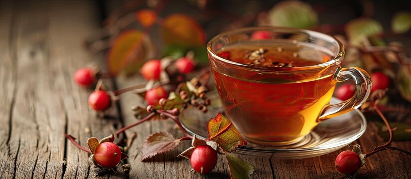 A cup of tea infused with young wild rose berries surrounded by the vibrant colors of autumn forest, offering a blend of health benefits and vitamins.