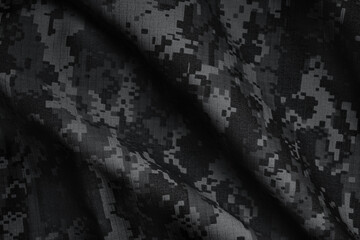 Texture of crumpled camouflage fabric as background, top view. Black and white effect
