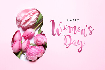 8 March - Happy International Women's Day. Greeting card design with different pink flowers, top view