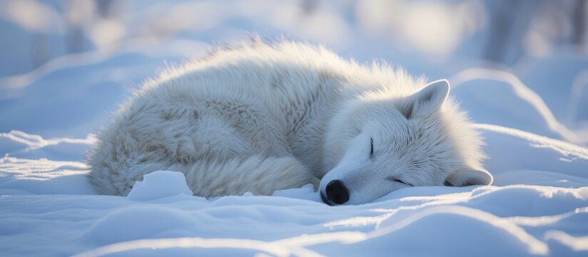 A mesmerizing photograph capturing the serene image of a majestic polar white wolf as it peacefully sleeps in a blanket of snow.
