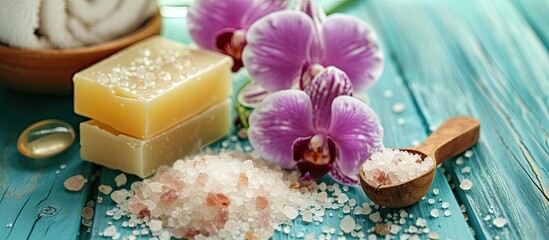 A close-up photo of a couple of sea salt soaps and an orchid sitting on top of a blue wooden table during spa treatments.