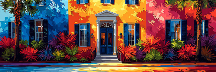 Fototapeta premium Illustration - painting - coastal home - bright - colorfiul - street - spring flowers - beach - inspired by the sights of Charleston South Carolina - banner - header - landscape 
