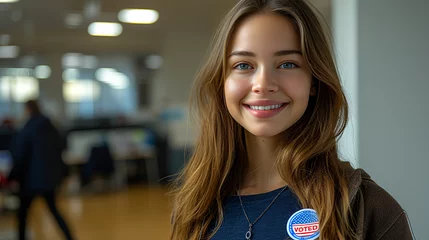 Foto op Plexiglas Smiling and confident female office associate - close-up shot - open office - profile shot - open office - bright space - wearing a “VOTED” sticker - election - politics  vote - presidential - polls  © Jeff