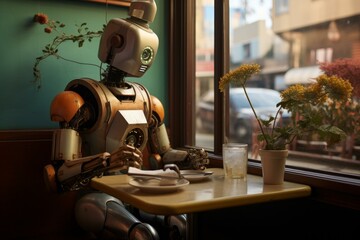 Innovative Robots restaurant serving. Futuristic coffee work robot service. Generate Ai