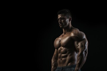 Fototapeta na wymiar Muscular Bodybuilder Showcasing Impressive Physique in Dramatic Lighting, Strong Arms and Toned Muscles on Dark Background, Confident Fitness Model Showing Sculpted Physique.