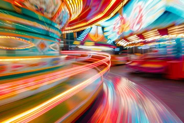 Tuinposter Fairground Rides: Design scenes of colorful fairground rides in motion, with a long exposure to capture the lights and movement, creating a sense of excitement and festivity. © Kuo