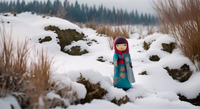 Japanese Kokeshi Dolls in Snowy Landscape
