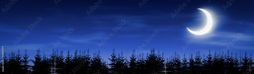 Wall mural the crescent moon glows in the sky. there are twinkling stars, clear and cloudless, for making backg
