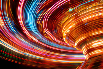 Fairground Rides: Design scenes of colorful fairground rides in motion, with a long exposure to capture the lights and movement, creating a sense of excitement and festivity. - obrazy, fototapety, plakaty