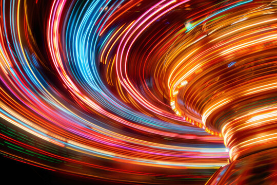 Fairground Rides: Design scenes of colorful fairground rides in motion, with a long exposure to capture the lights and movement, creating a sense of excitement and festivity.