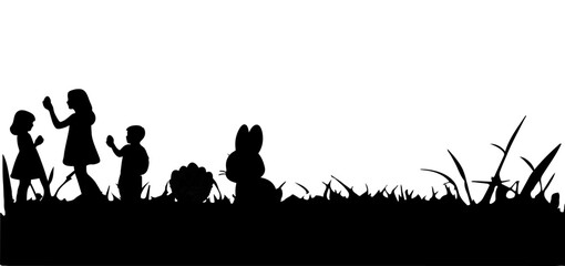 Fototapeta na wymiar Happy easter egg day with kids, bunny. Rabbit and grass silhouette seamless on transparent background