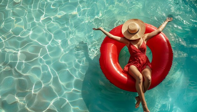 Top view of woman in summer dress enjoying pool on vacation.