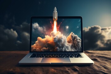 Innovative Rocket laptop startup business. Man data. Generate Ai - 746192323