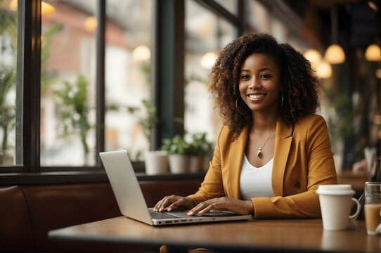 Image of happy woman using laptop while sitting at cafe. Young african american woman sitting in a coffee shop and working on laptop.blur background. 