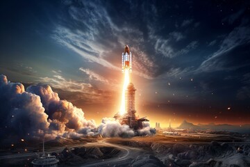 Vivid Rocket launch poster. Smoke render missile. Generate Ai - obrazy, fototapety, plakaty