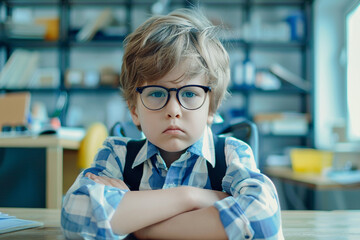  Young business boy child a little boss in office boring job 
