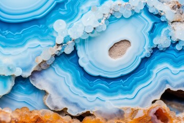 Obraz na płótnie Canvas Detailed Close-Up View of Blue and White Agate Mineral Cross Section with Intricate Layers and Central Hole Formation, Offering Fascinating Exploration for Geology Enthusiasts
