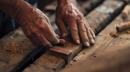 A closeup of a winemakers hands rolling a small piece of oak wood between their fingers. This piece of wood known as a wine stave will be added to a fermenting tank or barrel - obrazy, fototapety, plakaty