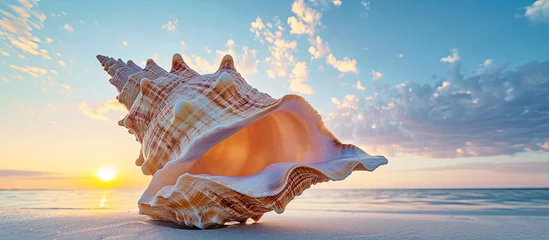 Crédence de cuisine en verre imprimé Bleu Jeans A photo capturing the beauty of a Murex conch shell resting on a sandy beach while the sun sets in the background.